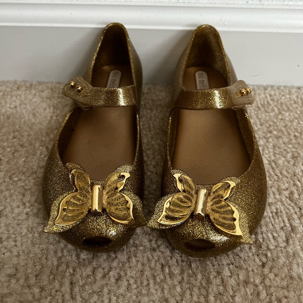 Mini Melissa butterfly gold glitter shoes mary jane toddler kid size 9t